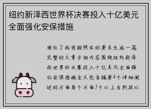 纽约新泽西世界杯决赛投入十亿美元全面强化安保措施