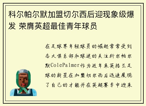 科尔帕尔默加盟切尔西后迎现象级爆发 荣膺英超最佳青年球员